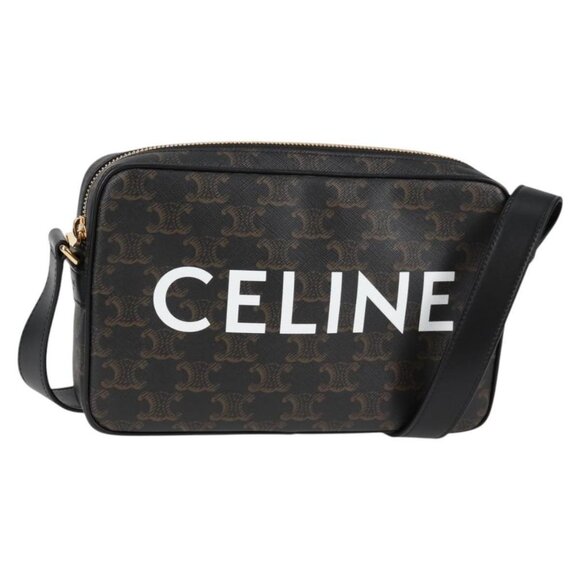 CELINE Triomphe Shoulder Bag PVC Leather Black Gold Auth nb463M - Picture 1 of 16